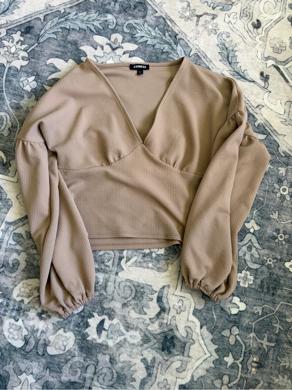 Express Taupe Cropped V-Neck Long Sleeve Top